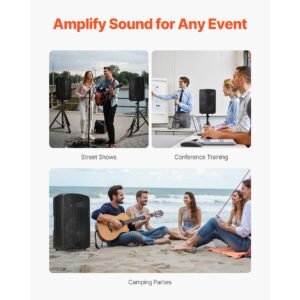 professional pa system, 800w powered, sound system set with 6 channel mixer, dual speakers, wireless bluetooth, microphone, compact stands, usb sd xlr inputs, remote control, for djs events