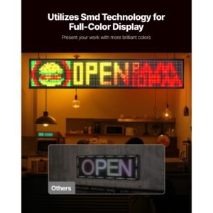 programmable led sign, p10 full color flexible digital scrolling panel, diy custom text pattern gif display board, bluetooth app control message shop sign for store business advertising, 40x8 in