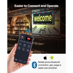 programmable led sign, p5 full color flexible digital scrolling panel, diy custom text pattern gif display, bluetooth app control message board for store business advertising, indoor 27x14 in