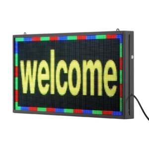programmable led sign, p5 full color flexible digital scrolling panel, diy custom text pattern gif display, bluetooth app control message board for store business advertising, indoor 27x14 in