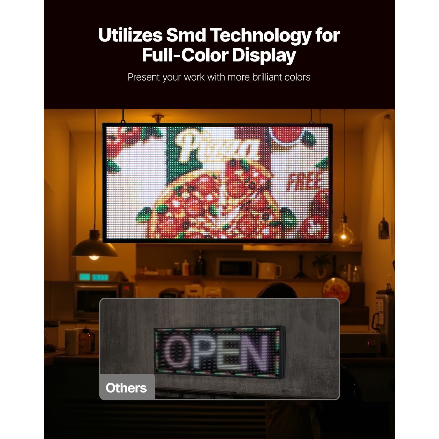 programmable led sign, p5 full color flexible digital scrolling panel, diy custom text pattern gif display, bluetooth app control message board for store business advertising, indoor 27x14 in