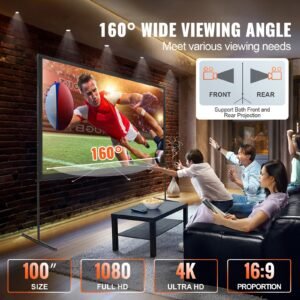projector screen with stand, 100 inch 16:9 4k 1080 hd outdoor movie screen with stand, wrinkle free projection screen with bar feet and carry bag, for home theater cinema backyard movie night