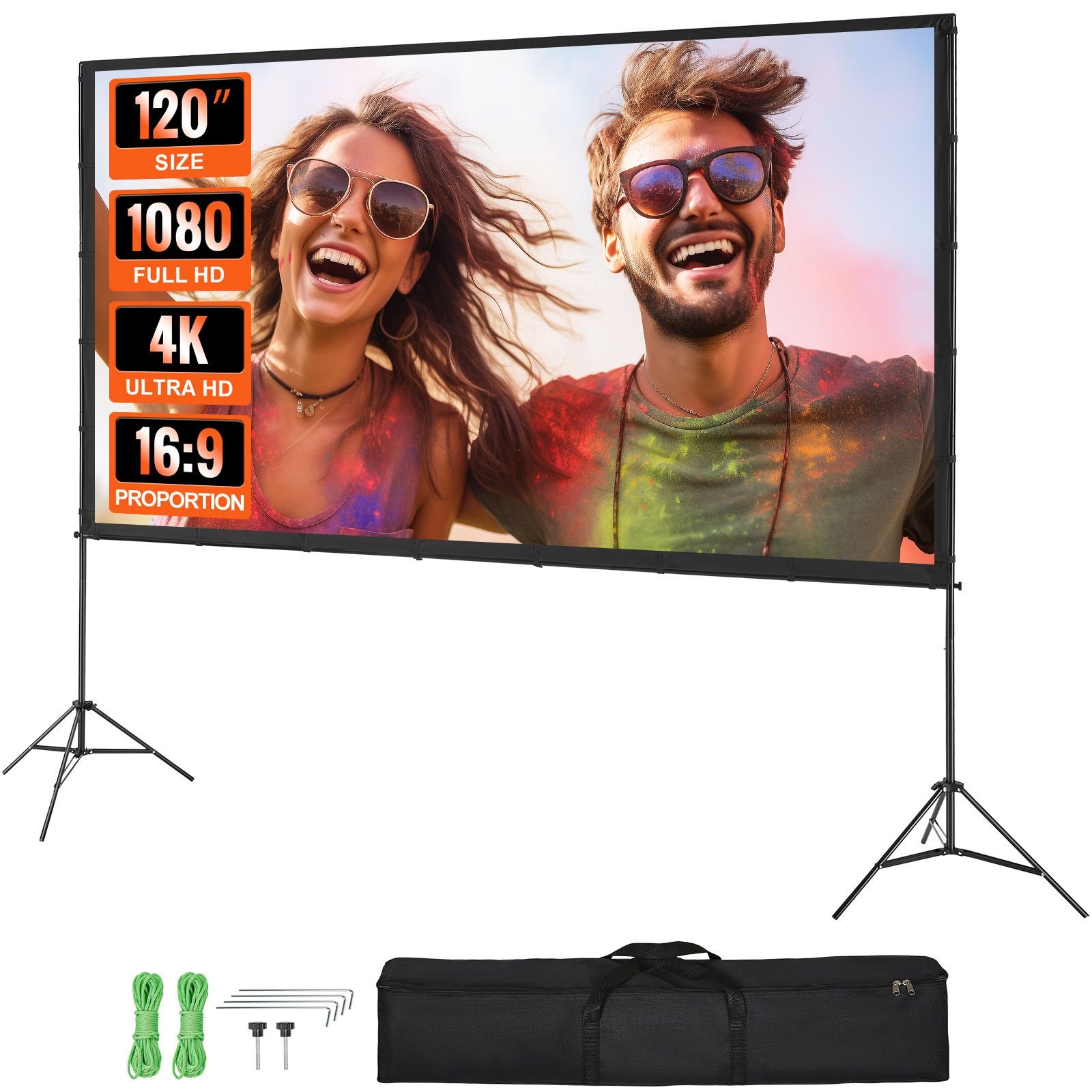 projector screen with stand, 120 inch 16:9 4k 1080 hd outdoor movie screen with stand, wrinkle free projection screen with tripods and carry bag, for home theater cinema backyard movie night