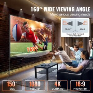 projector screen with stand, 150 inch 16:9 4k 1080 hd outdoor movie screen with stand, wrinkle free projection screen with tripods and carry bag, for home theater cinema backyard movie night