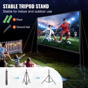 projector screen with stand, 150 inch 16:9 4k 1080 hd outdoor movie screen with stand, wrinkle free projection screen with tripods and carry bag, for home theater cinema backyard movie night