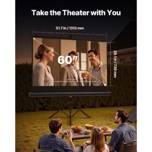 projector screen with stand, 60 inch 160° wide angle indoor outdoor projection screen, 16:9 4k hd wrinkleless portable tripod screens with carry bag, for movie home theater office presentation
