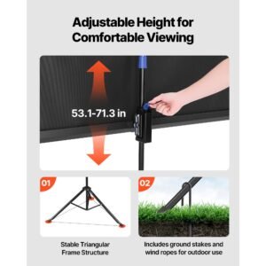 projector screen with stand, 60 inch 160° wide angle indoor outdoor projection screen, 16:9 4k hd wrinkleless portable tripod screens with carry bag, for movie home theater office presentation
