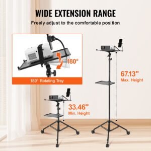 projector stand with wheels, laptop stand tripod adjustable height from 31.3 to 67.3", projector tripod stand with 2 trays & gooseneck phone holder, for outdoor movies, home, office or studio