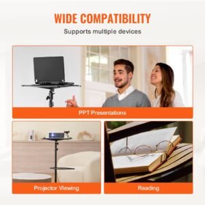 projector stand with wheels, laptop stand tripod adjustable height from 31.3 to 67.3", projector tripod stand with 2 trays & gooseneck phone holder, for outdoor movies, home, office or studio