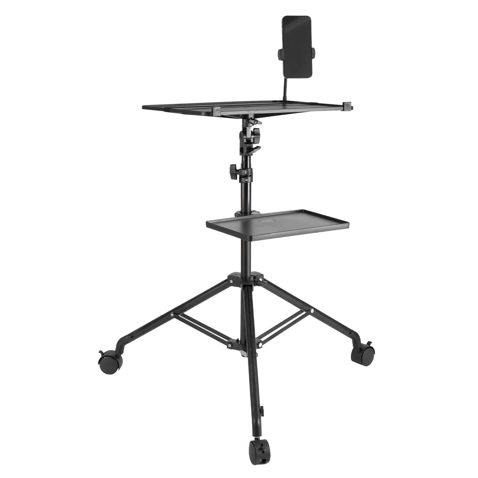 projector stand with wheels, laptop stand tripod adjustable height from 31.3 to 67.3", projector tripod stand with 2 trays & gooseneck phone holder, for outdoor movies, home, office or studio