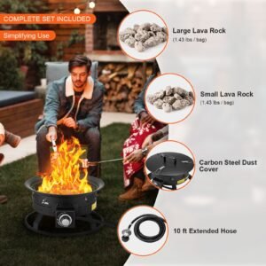 propane fire pit, 19 inch diameter outdoor portable gas fire pit with cover & lava rocks, adjustable flame height camping firepit for heating, lighting, gathering, 58,000 btu, black