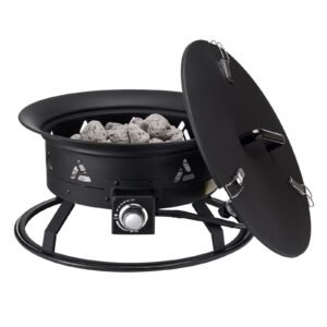Propane Fire Pit, 24-Inch Diameter Outdoor Portable Gas Fire Pit with Cover & Lava Rocks, Adjustable Flame Height Camping Firepit for Heating, Lighting, Gathering, 58,000 BTU, Black