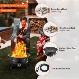 propane fire pit, 24 inch diameter outdoor portable gas fire pit with cover & lava rocks, adjustable flame height camping firepit for heating, lighting, gathering, 58,000 btu, black