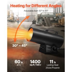 propane heater, 60000btu forced air propane heater with stepless temp settings & security protection, portable garage/shop barrel heater for garages, job sites,indoor/outdoor
