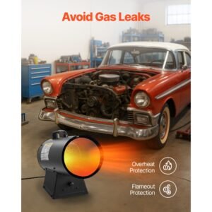 propane heater, 60000btu forced air propane heater with stepless temp settings & security protection, portable garage/shop barrel heater for garages, job sites,indoor/outdoor
