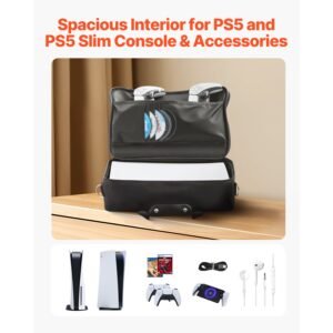 ps5 carrying case, travel bag for playstation 5 & ps5 slim waterproof nylon, soft interior lining & padded dividers for extra protection, spacious design with carry handle for storage, home