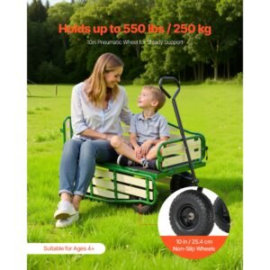 pull along wagon for kids, 39 inch toddler wagons with wooden panels & handle, supports up to 330 lbs, all terrain utility wagon cart birthday present for kids gardening beach, green