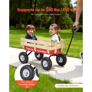 pull along wagon for kids, 39 inch toddler wagons with wooden panels & handle, supports up to 330 lbs, all terrain utility wagon cart birthday present for kids gardening beach, red