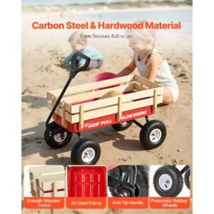 pull along wagon for kids, 39 inch toddler wagons with wooden panels & handle, supports up to 330 lbs, all terrain utility wagon cart birthday present for kids gardening beach, red