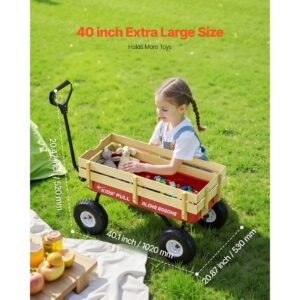 pull along wagon for kids, 39 inch toddler wagons with wooden panels & handle, supports up to 330 lbs, all terrain utility wagon cart birthday present for kids gardening beach, red
