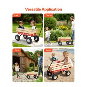 pull along wagon for kids, 39 inch toddler wagons with wooden panels & handle, supports up to 330 lbs, all terrain utility wagon cart birthday present for kids gardening beach, red