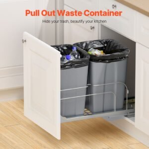 pull out trash can, 27 qt x2 double under mount kitchen waste container, heavy duty garbage recycling bin with door kit and soft close slide, for kitchen cabinet, sink, under counter (grey)