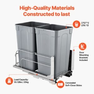 pull out trash can, 27 qt x2 double under mount kitchen waste container, heavy duty garbage recycling bin with door kit and soft close slide, for kitchen cabinet, sink, under counter (grey)