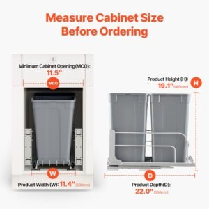 pull out trash can, 27 qt x2 double under mount kitchen waste container, heavy duty garbage recycling bin with door kit and soft close slide, for kitchen cabinet, sink, under counter (grey)