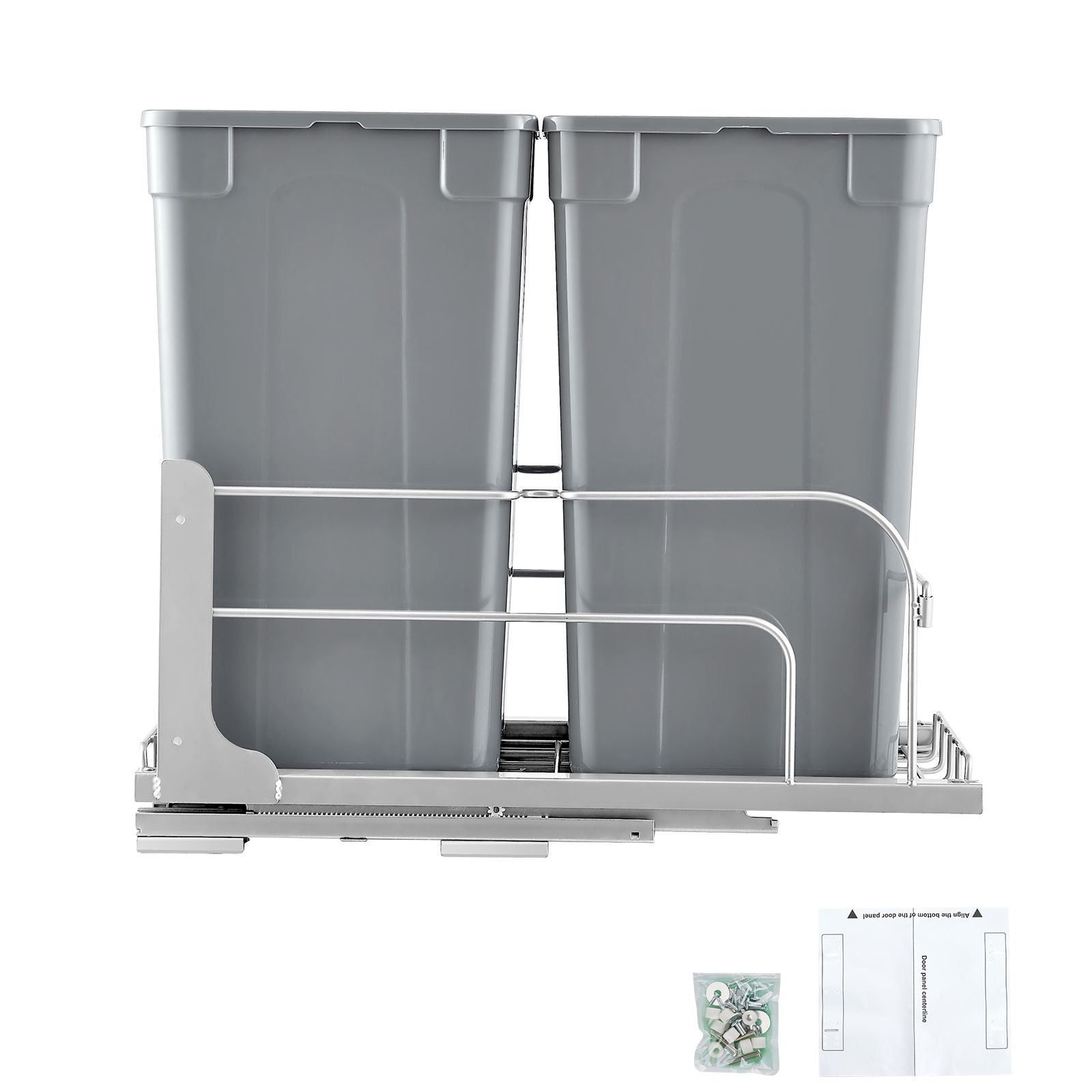 pull out trash can, 27 qt x2 double under mount kitchen waste container, heavy duty garbage recycling bin with door kit and soft close slide, for kitchen cabinet, sink, under counter (grey)