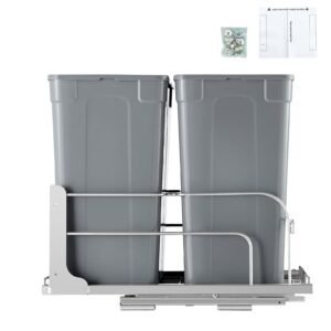 Pull-Out Trash Can, 35 QT x2 Double Under Mount Kitchen Waste Container, Heavy Duty Garbage Recycling Bin with Door Kit and Soft Close Slide, for Kitchen Cabinet, Sink, Under Counter (Grey)