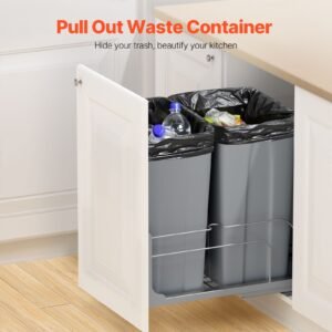pull out trash can, 50 qt x2 double under mount kitchen waste container, heavy duty garbage recycling bin with door kit and soft close slide, for kitchen cabinet, sink, under counter (grey)