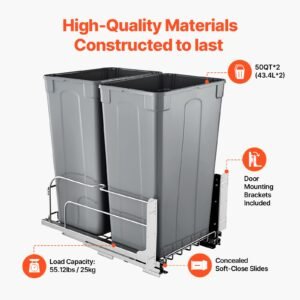 pull out trash can, 50 qt x2 double under mount kitchen waste container, heavy duty garbage recycling bin with door kit and soft close slide, for kitchen cabinet, sink, under counter (grey)