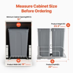 pull out trash can, 50 qt x2 double under mount kitchen waste container, heavy duty garbage recycling bin with door kit and soft close slide, for kitchen cabinet, sink, under counter (grey)