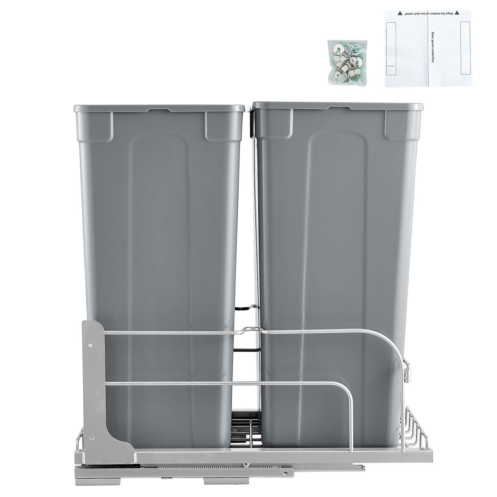 pull out trash can, 50 qt x2 double under mount kitchen waste container, heavy duty garbage recycling bin with door kit and soft close slide, for kitchen cabinet, sink, under counter (grey)
