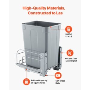 pullout trash can for kitchen cabinets, 35 qt garbage waste recycling bin, under mount waste container, with heavy duty metal soft close sliding system and door kit, for sink, under counter