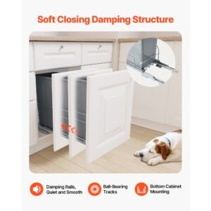 pullout trash can for kitchen cabinets, 35 qt garbage waste recycling bin, under mount waste container, with heavy duty metal soft close sliding system and door kit, for sink, under counter
