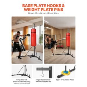 punching bag stand, steel heavy duty workout training equipment, adjustable height boxing punching stand with weighted base, holds up to 140 lbs, freestanding sandbag rack for home gym fitness