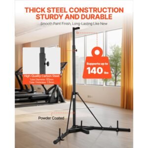 punching bag stand, steel heavy duty workout training equipment, adjustable height boxing punching stand with weighted base, holds up to 140 lbs, freestanding sandbag rack for home gym fitness