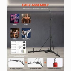 punching bag stand, steel heavy duty workout training equipment, adjustable height boxing punching stand with weighted base, holds up to 140 lbs, freestanding sandbag rack for home gym fitness