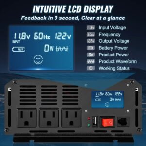 pure sine wave inverter, 2500 watt power inverter, dc 12v to ac 120v car inverter, with usb port, lcd display, and remote controller power converter, for rv truck car solar system travel camping