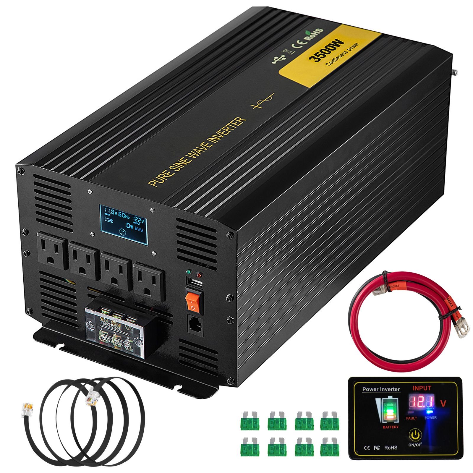 pure sine wave inverter 3500 watt power inverter, dc 12v to ac 120v car inverter, with usb port lcd display remote controller and ac outlets (gfci), for rv truck car solar system travel camping