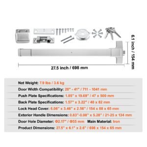 push bar door locks, carbon steel panic bars for exit doors, with exterior lever and 3 keys, push bar panic exit device door hardware for metal wood door, for left and right handed doors