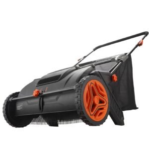 push lawn sweeper, 21inch leaf & grass collector, strong plastic wheels & heavy duty thickened steel durable to use with large capacity 3.5 cu. ft. mesh collection hopper bag, 2 spinning brushes