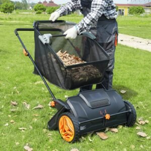 push lawn sweeper, 21inch leaf & grass collector, strong plastic wheels & heavy duty thickened steel durable to use with large capacity 3.5 cu. ft. mesh collection hopper bag, 2 spinning brushes