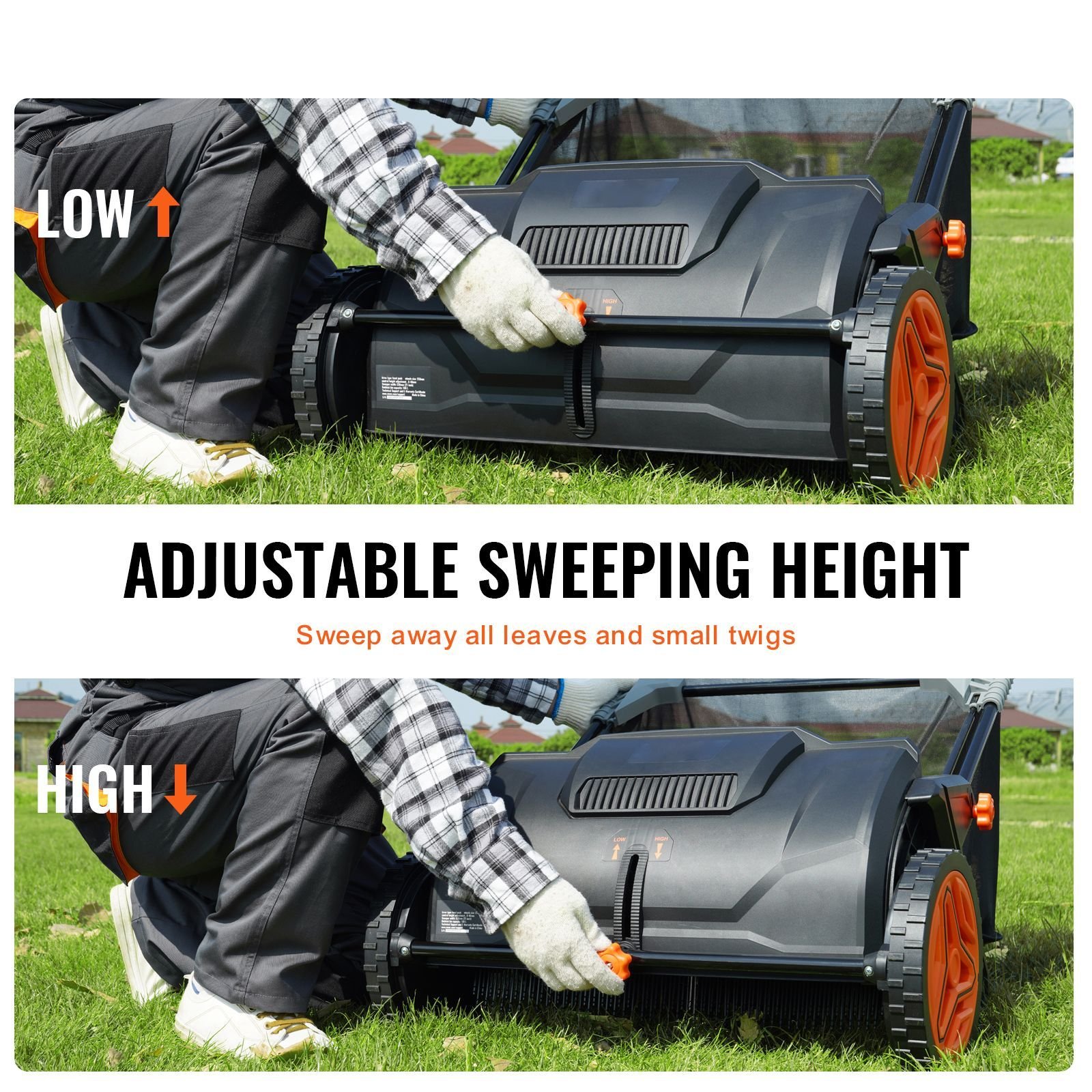 push lawn sweeper, 21inch leaf & grass collector, strong plastic wheels & heavy duty thickened steel durable to use with large capacity 3.5 cu. ft. mesh collection hopper bag, 2 spinning brushes