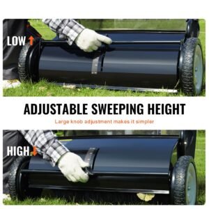push lawn sweeper, 26 inch leaf & grass collector, strong rubber wheels & heavy duty thickened steel, durable to use with large capacity 7 cu. ft. mesh collection hopper bag, 4 spinning brushes