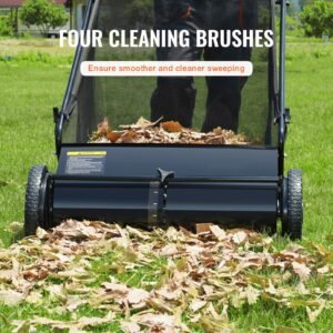 push lawn sweeper, 26 inch leaf & grass collector, strong rubber wheels & heavy duty thickened steel, durable to use with large capacity 7 cu. ft. mesh collection hopper bag, 4 spinning brushes