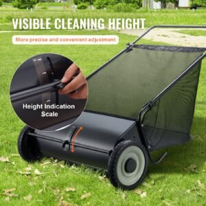 push lawn sweeper, 26 inch leaf & grass collector, strong rubber wheels & heavy duty thickened steel, durable to use with large capacity 7 cu. ft. mesh collection hopper bag, 4 spinning brushes