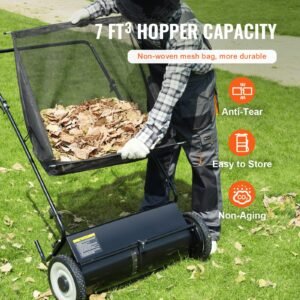 push lawn sweeper, 26 inch leaf & grass collector, strong rubber wheels & heavy duty thickened steel, durable to use with large capacity 7 cu. ft. mesh collection hopper bag, 4 spinning brushes