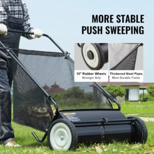 push lawn sweeper, 26 inch leaf & grass collector, strong rubber wheels & heavy duty thickened steel, durable to use with large capacity 7 cu. ft. mesh collection hopper bag, 4 spinning brushes